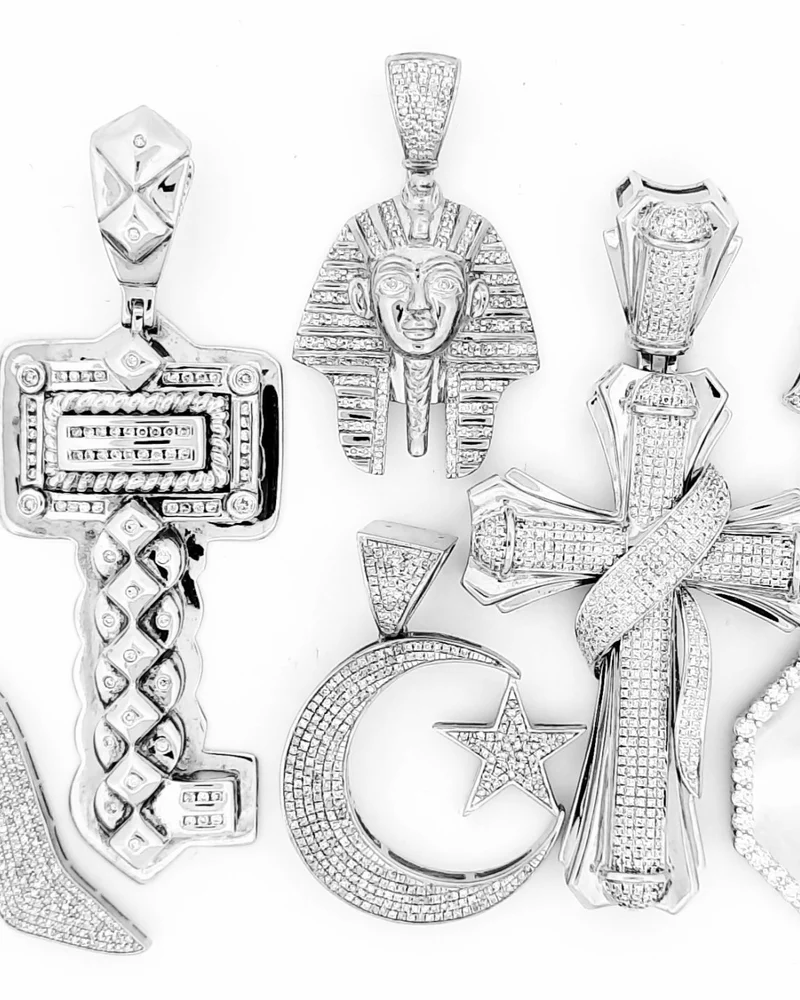 White gold iced-out pendants: crosses, hamsa, pharaoh, key, crescent and star