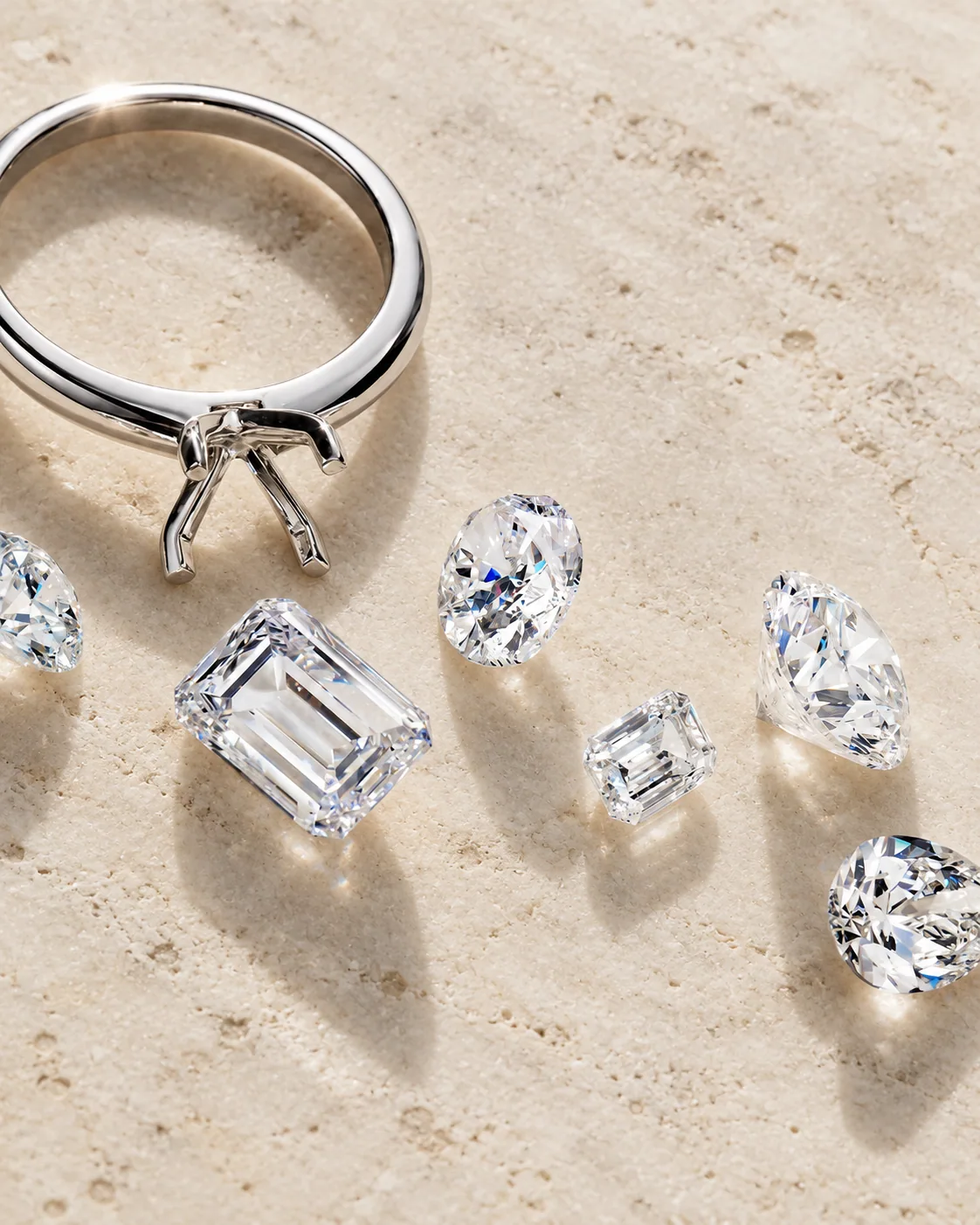 Silver solitaire setting and loose diamonds on natural ivory limestone in soft daylight
