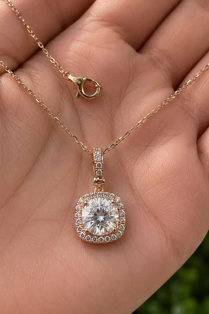 Diamond halo pendant on a gold chain resting on a palm
